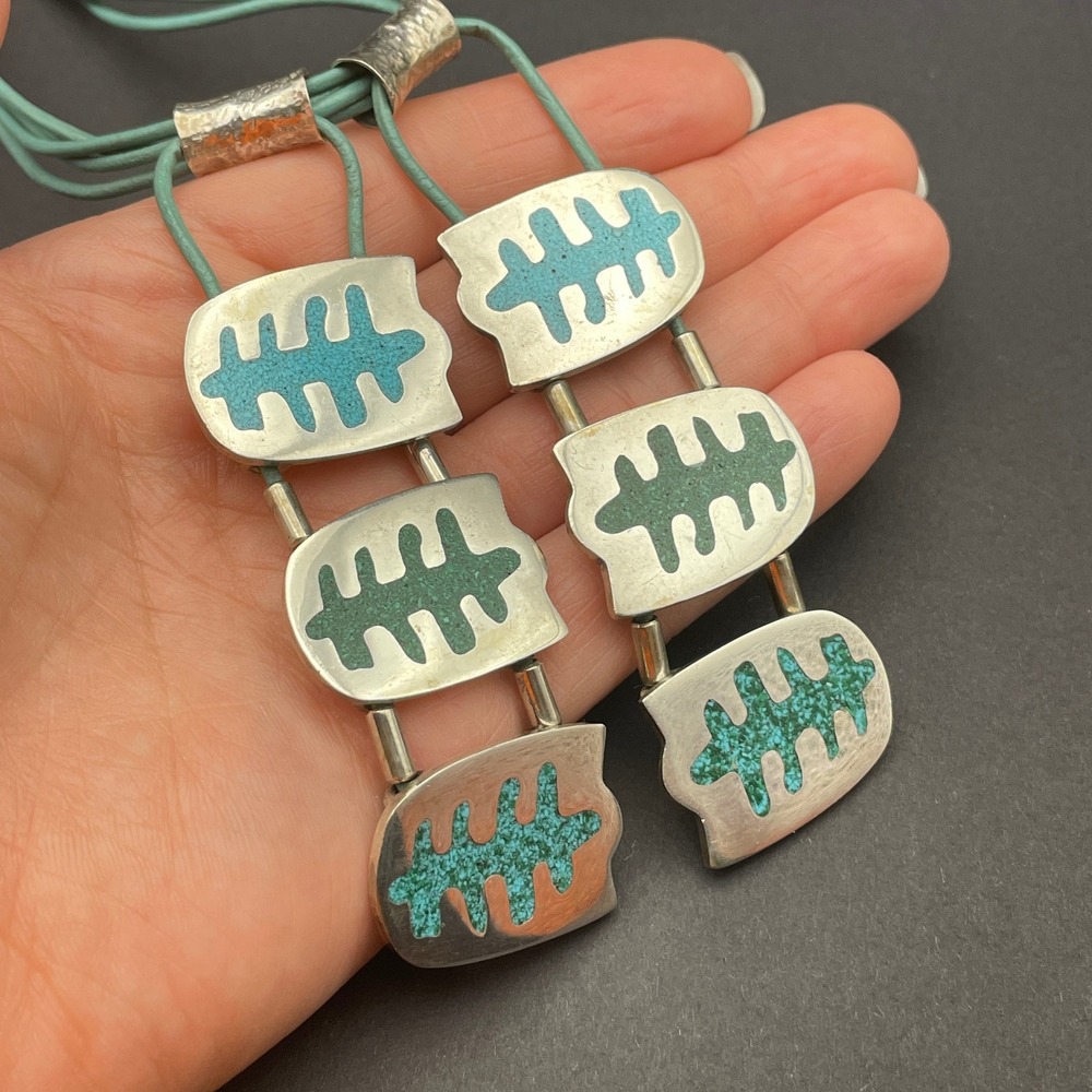 Manos Andinas Statement Necklace Sterling Turquoise Inlay Chilean Art Jewelry - Picture 11 of 13
